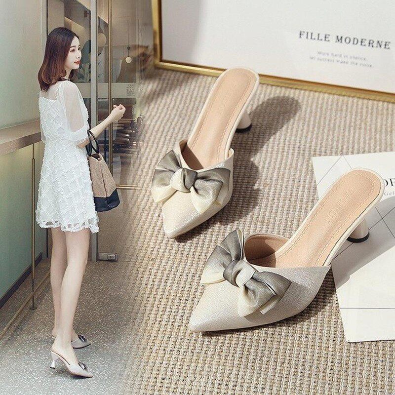 2026夏季新款中跟尖头凉拖鞋女高跟粗跟百搭包头半拖鞋蝴蝶结女鞋