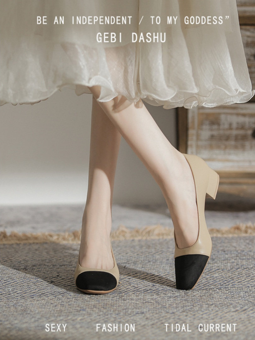 高跟单鞋女方头3cm小跟鞋软皮中跟百搭女鞋子小香风单鞋